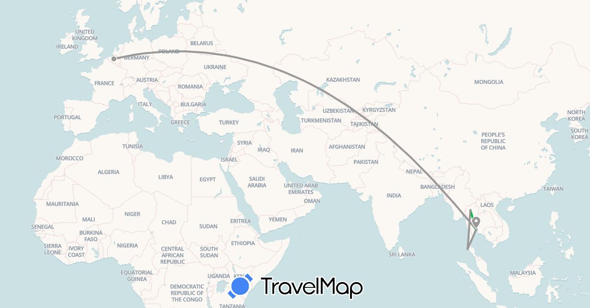 TravelMap itinerary: driving, bus, plane in Belgium, Thailand (Asia, Europe)
